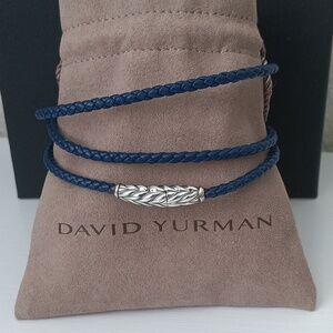 David Yurman Sterling Silver Blue Leather Triple Chevron Bracelet